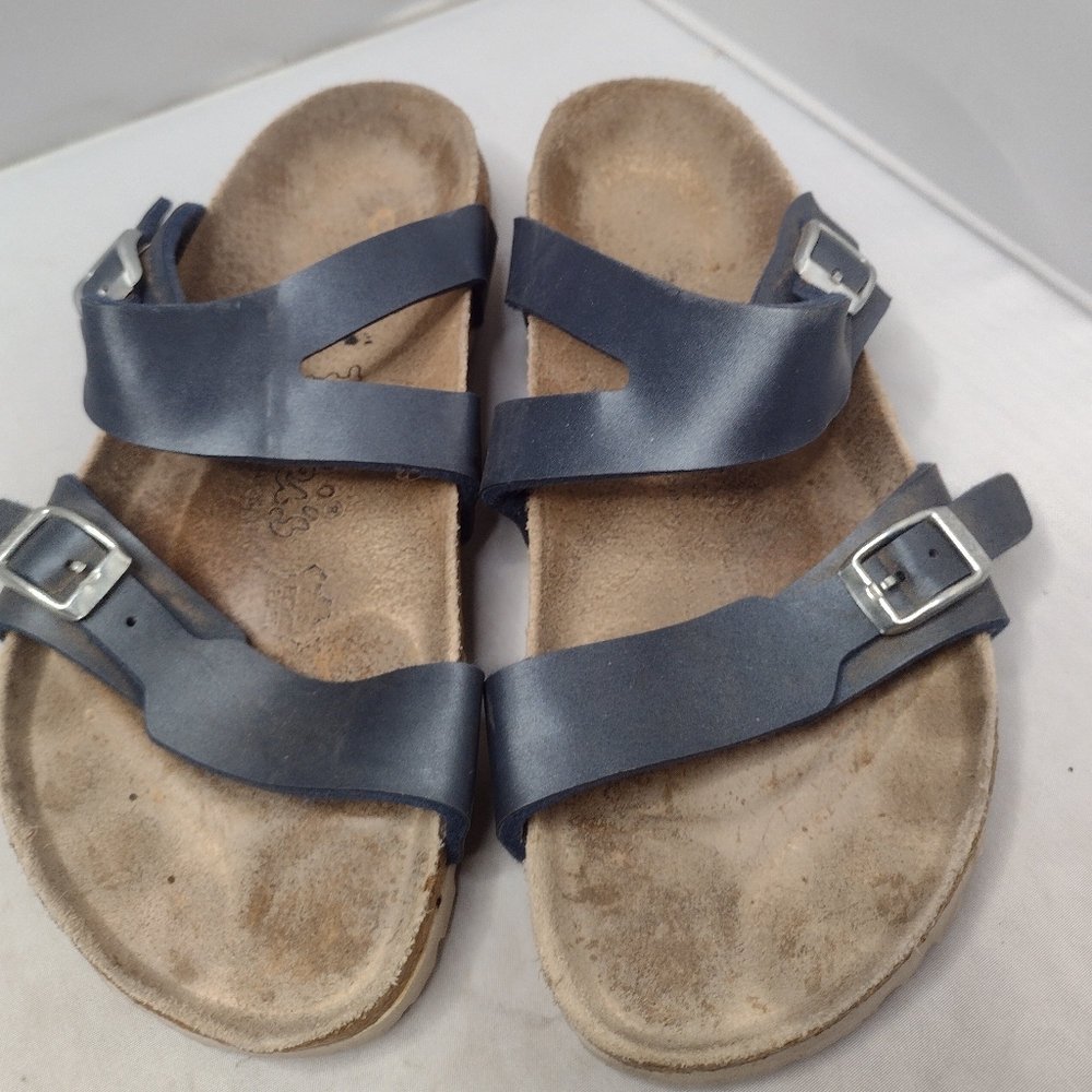 Birkis by Birkenstock Women Strappy Sandals 36 Gray Buckle Cork Comfort OO
